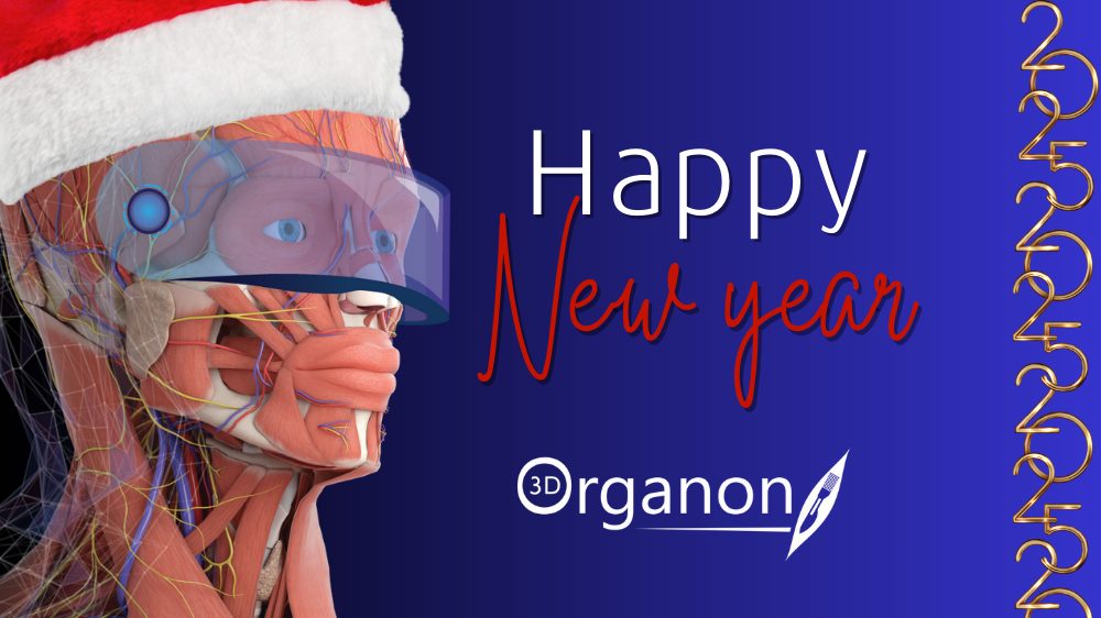 The 3D Organon Buddy character is joyfully holding a celebratory banner that says "Happy New Year 2025." The scene is festive, with colorful confetti falling, golden fireworks bursting in the background, and a warm, cheerful atmosphere welcoming the new year.