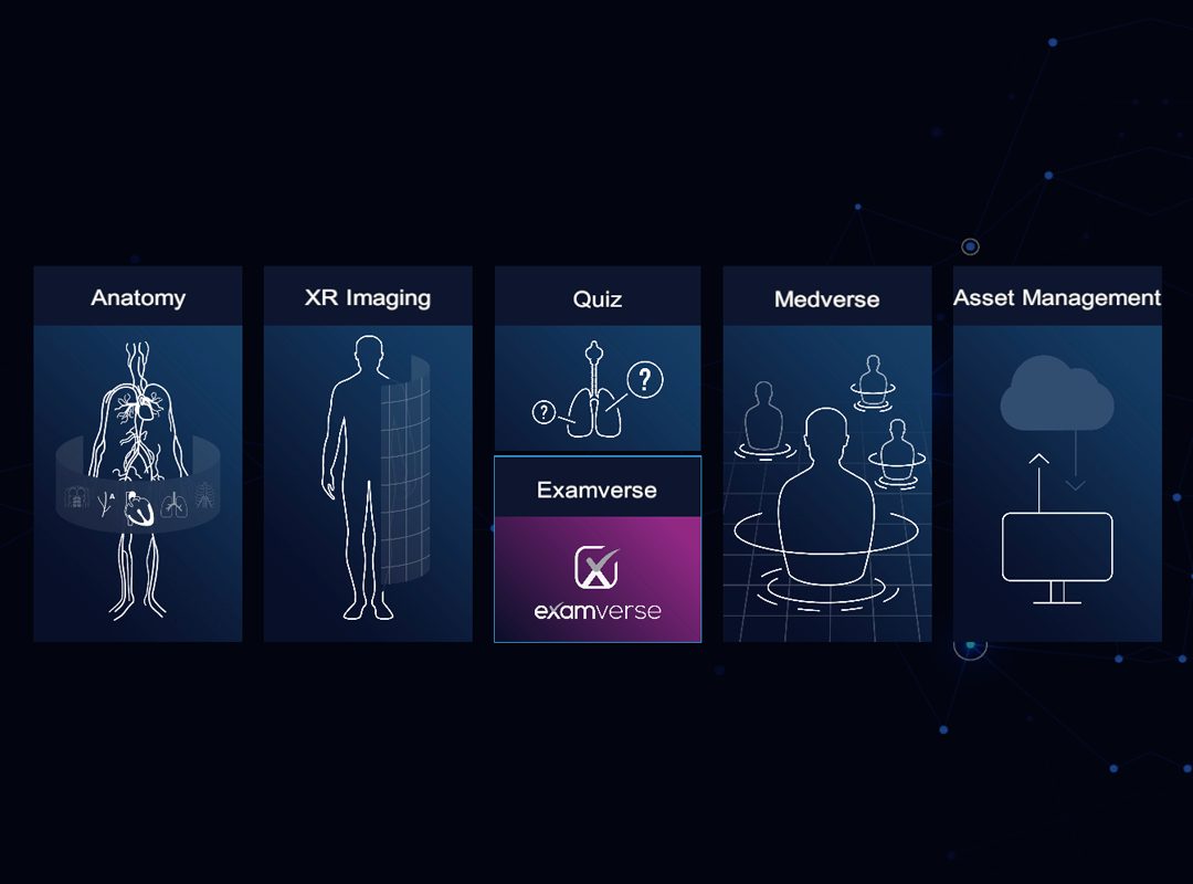 Screenshot of the 3D Organon user interface displaying various modules, including Anatomy, Ultrasound, XR Imaging, Quiz Mode, Examverse, Asset Management, and Medverse. The clean and intuitive design allows seamless navigation between interactive anatomy visualization, diagnostic imaging, assessments, and virtual learning environments.