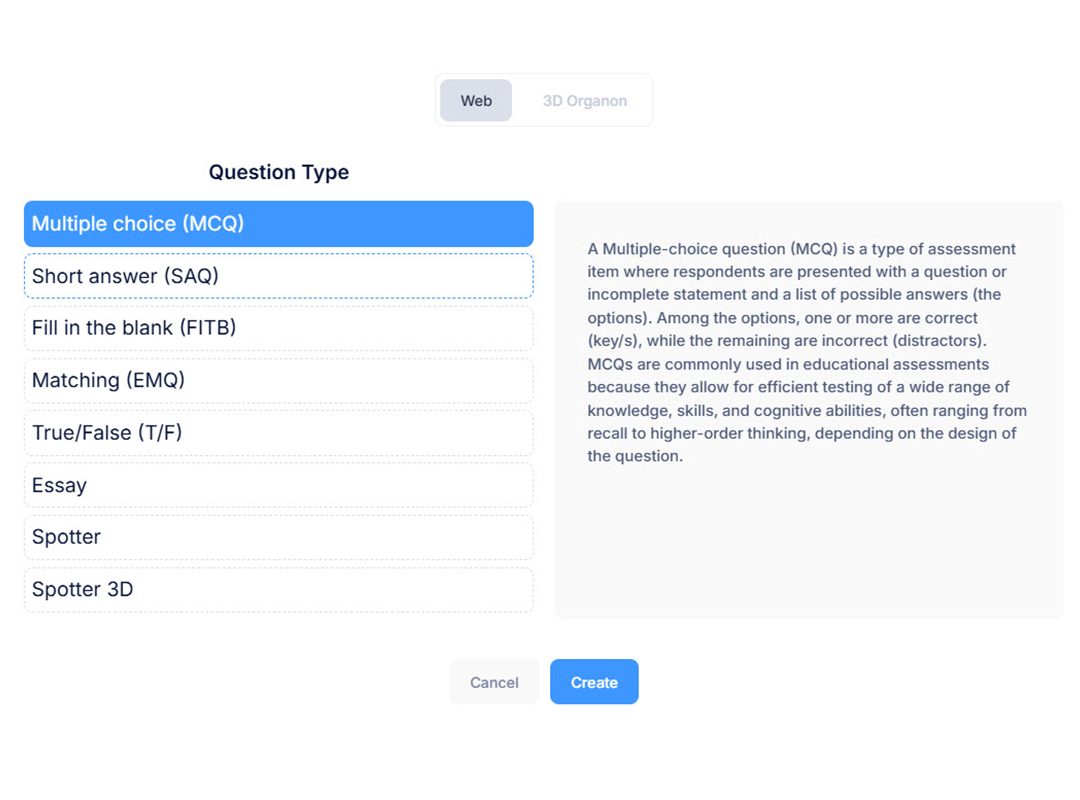  A screenshot of the Examverse platform displaying various question types, including Multiple Choice, Short Answer, Fill in the Blank, Matching, True or False, Essay, Spotter, Spotter 3D, and Anatomy 3D. The interface showcases a structured layout with icons representing each question type, highlighting the flexibility and customization options available for professors.