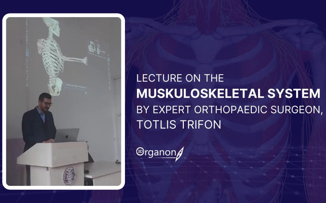 Dr. Trifon Totlis delivering a lecture on the musculoskeletal system at Ankara University, using 3D Organon to showcase interactive 3D anatomical models to an engaged audience of medical students.