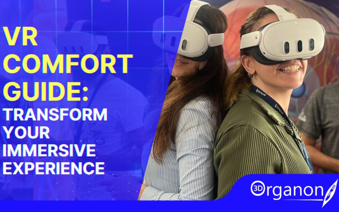 Group of people wearing VR headsets, smiling and enjoying an immersive experience. Bold text overlay reads 'VR COMFORT GUIDE: TRANSFORM YOUR IMMERSIVE EXPERIENCE,' emphasizing the importance of comfort in virtual reality.